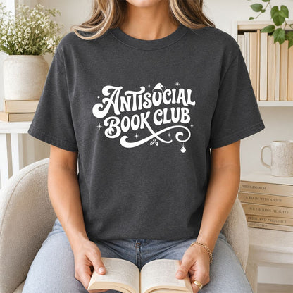 Antisocial Book Club Printed T-Shirt | Christmas Book Lover Gift Dark Heather