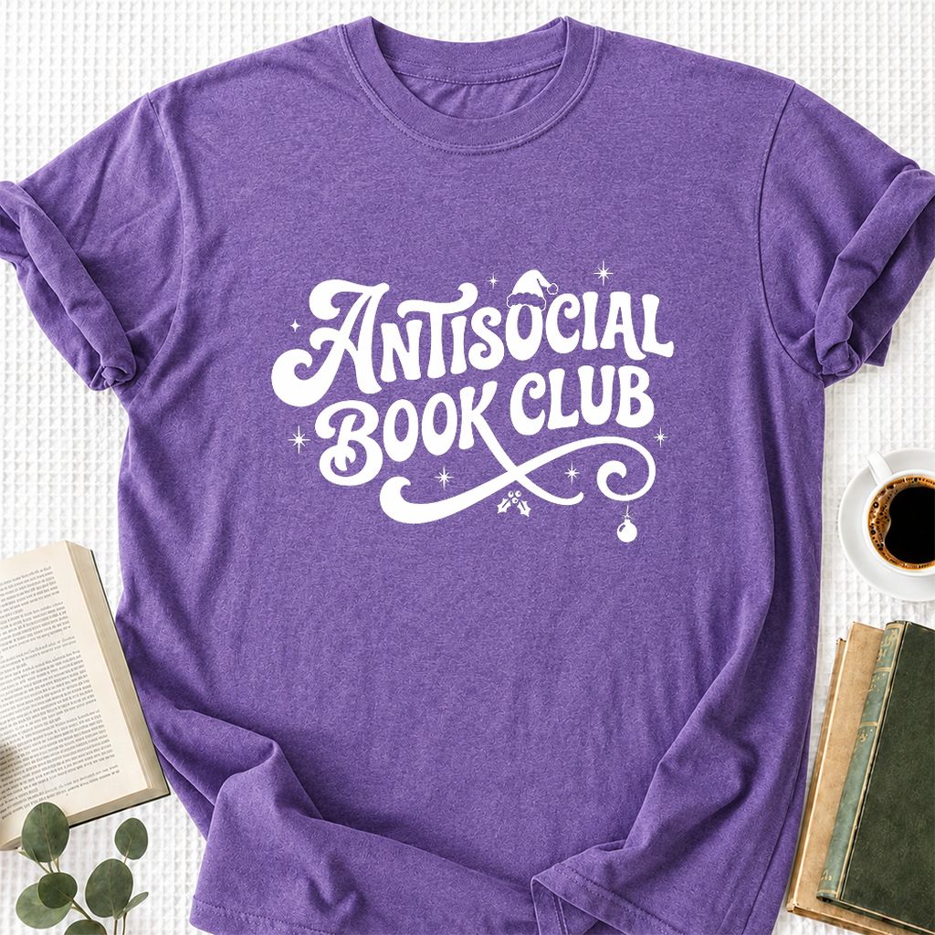 Antisocial Book Club Printed T-Shirt | Christmas Book Lover Gift Heather Purple