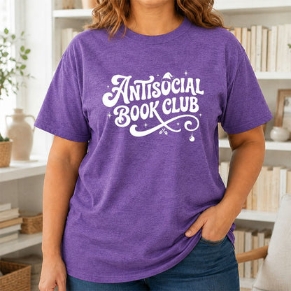 Antisocial Book Club Printed T-Shirt | Christmas Book Lover Gift Heather Purple