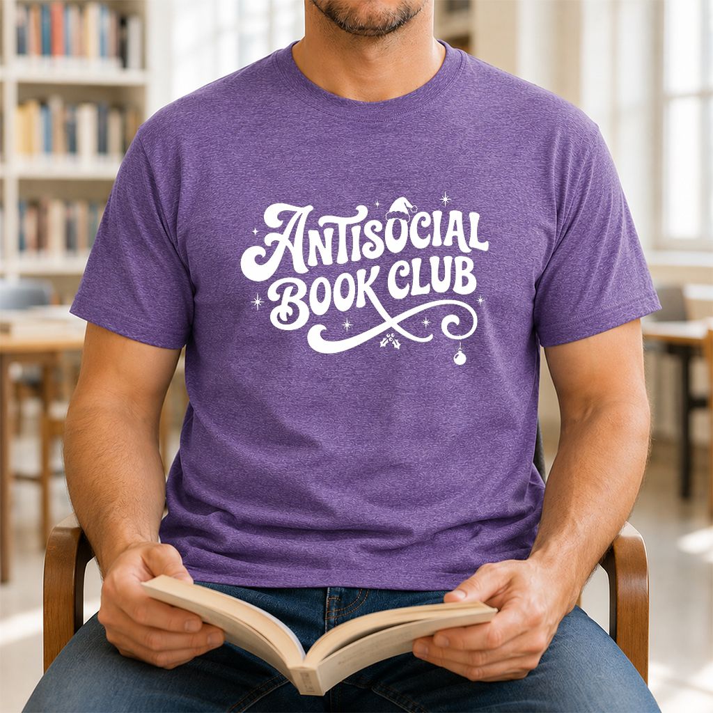 Antisocial Book Club Printed T-Shirt | Christmas Book Lover Gift Heather Purple