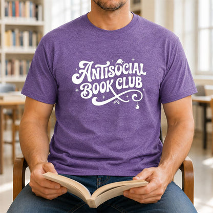 Antisocial Book Club Printed T-Shirt | Christmas Book Lover Gift Heather Purple