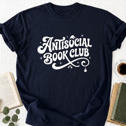 Antisocial Book Club Printed T-Shirt | Christmas Book Lover Gift Navy