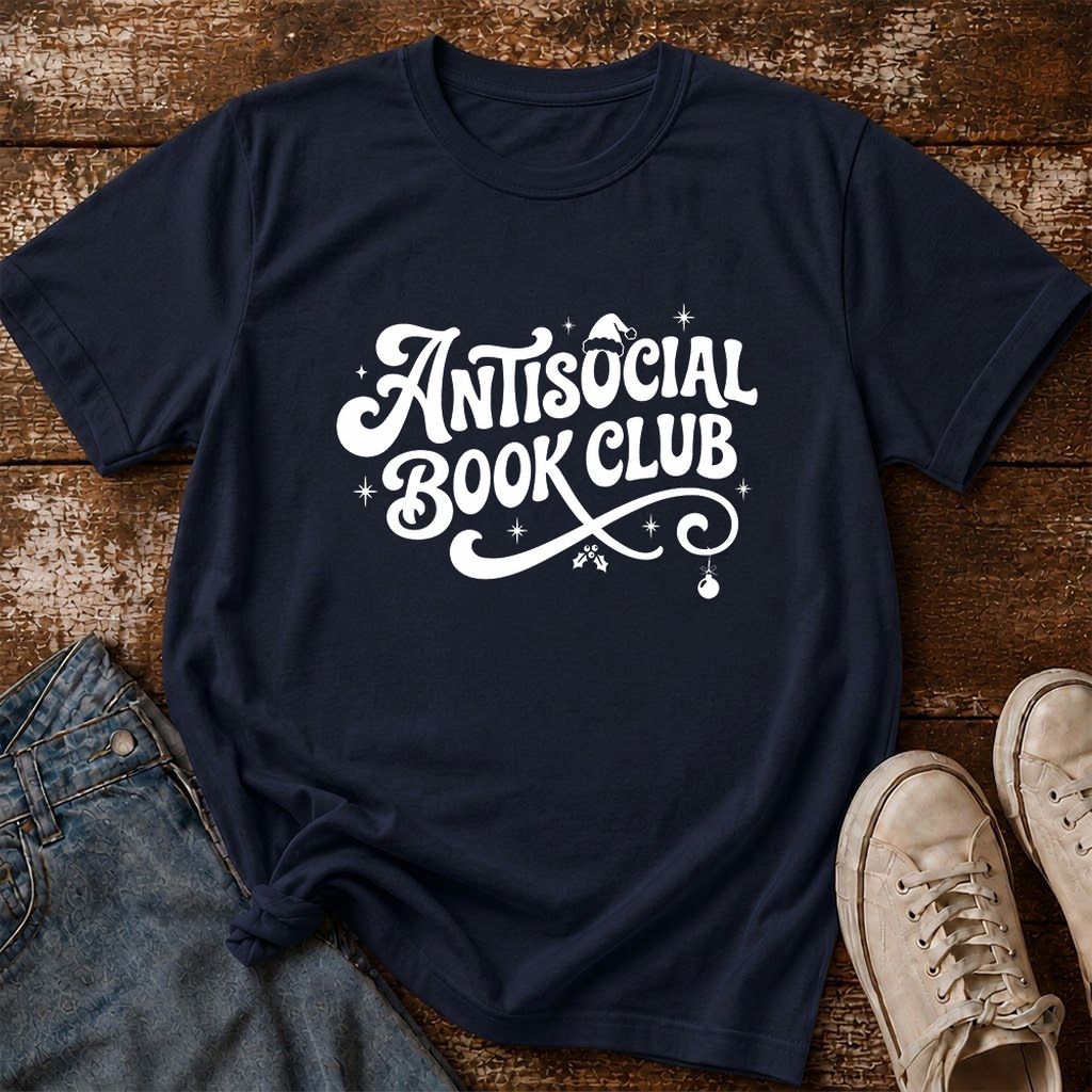 Antisocial Book Club Printed T-Shirt | Christmas Book Lover Gift Navy