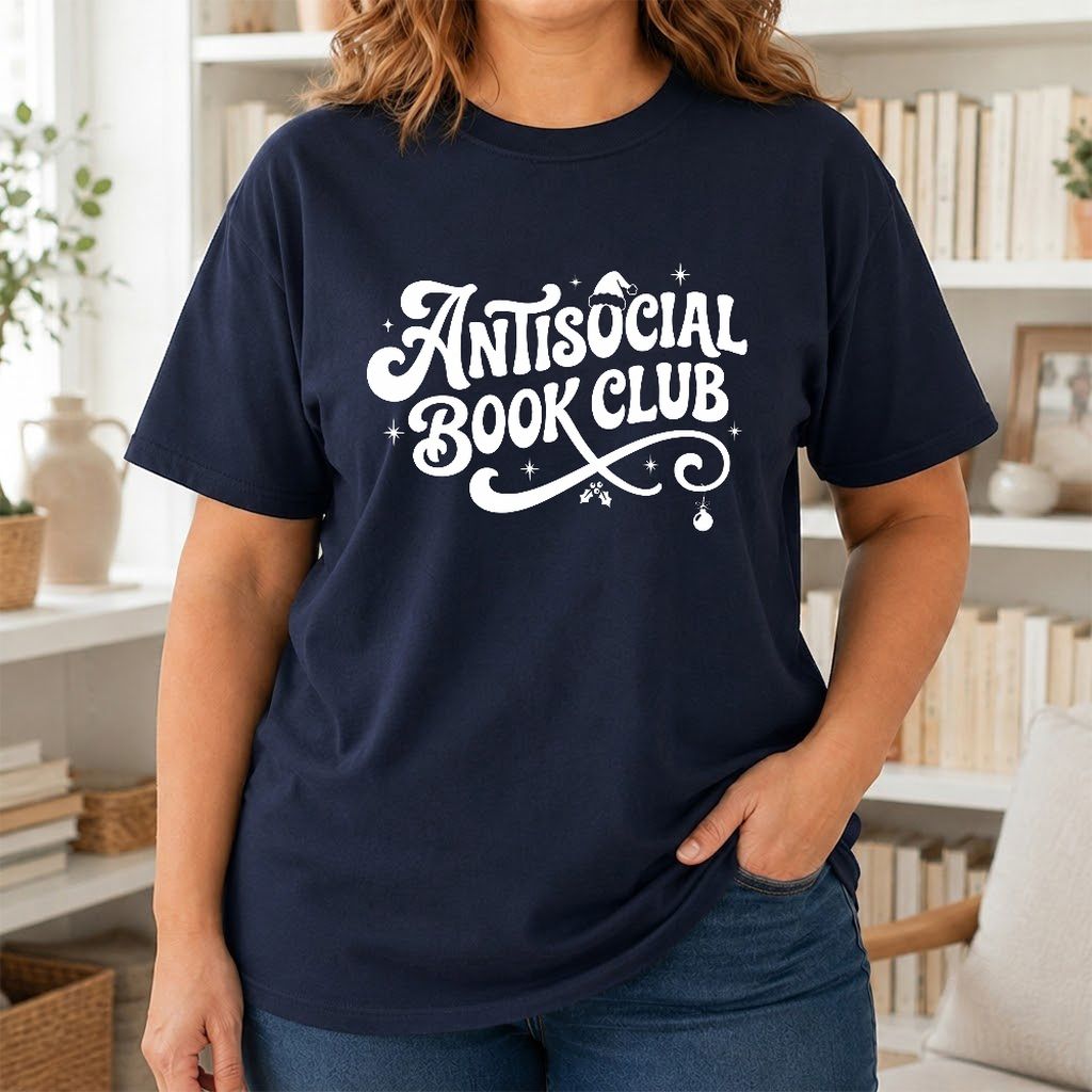 Antisocial Book Club Printed T-Shirt | Christmas Book Lover Gift Navy