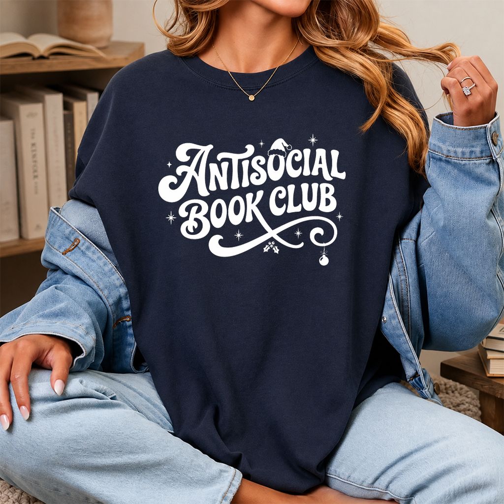 Antisocial Book Club Printed T-Shirt | Christmas Book Lover Gift Navy