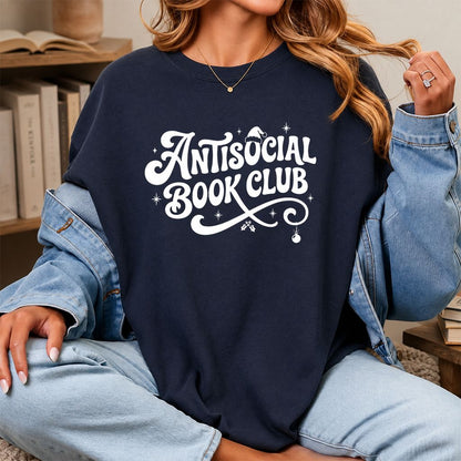 Antisocial Book Club Printed T-Shirt | Christmas Book Lover Gift Navy