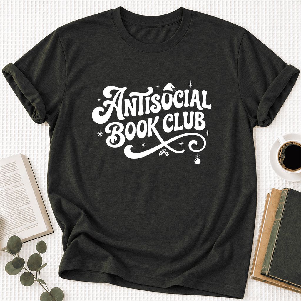 Antisocial Book Club Ultra-Soft Cotton T-Shirt | Christmas Book Lover Gift Black Heather