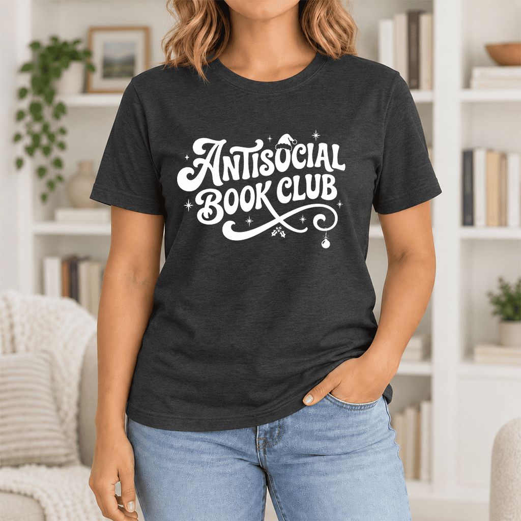Antisocial Book Club Ultra-Soft Cotton T-Shirt | Christmas Book Lover Gift Black Heather