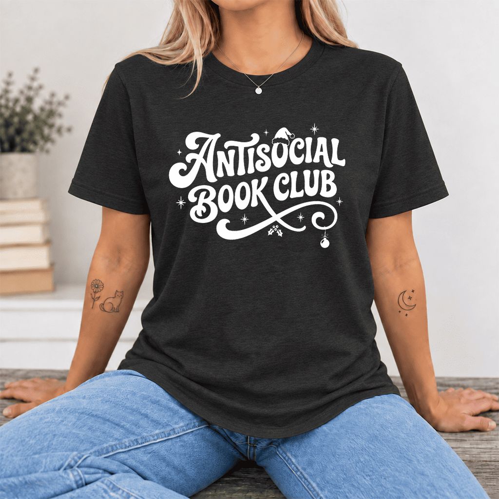 Antisocial Book Club Ultra-Soft Cotton T-Shirt | Christmas Book Lover Gift Black Heather
