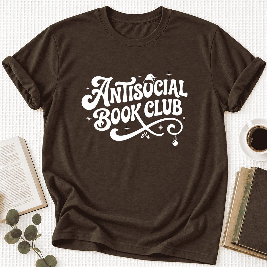 Antisocial Book Club Ultra-Soft Cotton T-Shirt | Christmas Book Lover Gift Brown