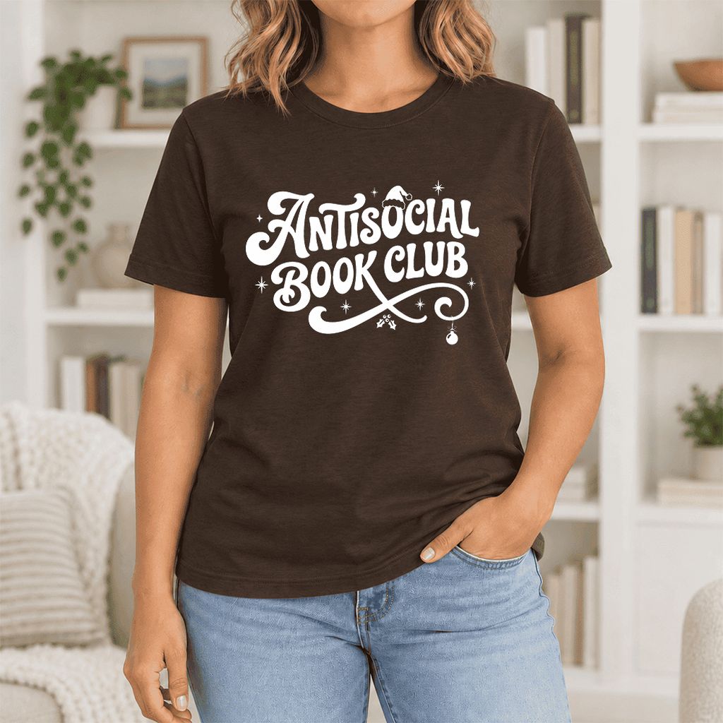 Antisocial Book Club Ultra-Soft Cotton T-Shirt | Christmas Book Lover Gift Brown