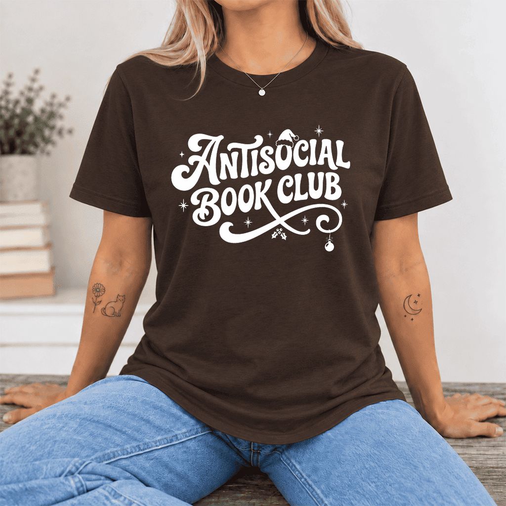 Antisocial Book Club Ultra-Soft Cotton T-Shirt | Christmas Book Lover Gift Brown