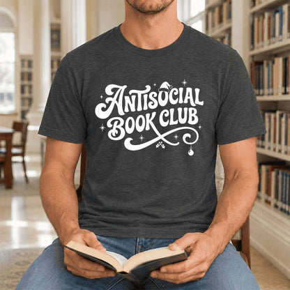 Antisocial Book Club Ultra-Soft Cotton T-Shirt | Christmas Book Lover Gift Dark Grey Heather