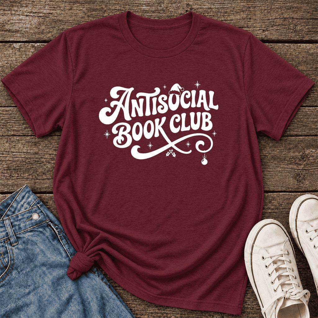 Antisocial Book Club Ultra-Soft Cotton T-Shirt | Christmas Book Lover Gift Maroon