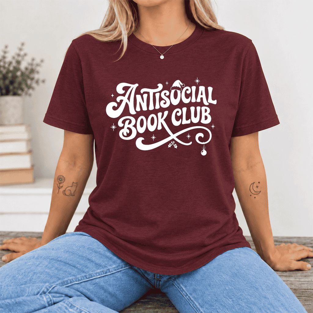 Antisocial Book Club Ultra-Soft Cotton T-Shirt | Christmas Book Lover Gift Maroon
