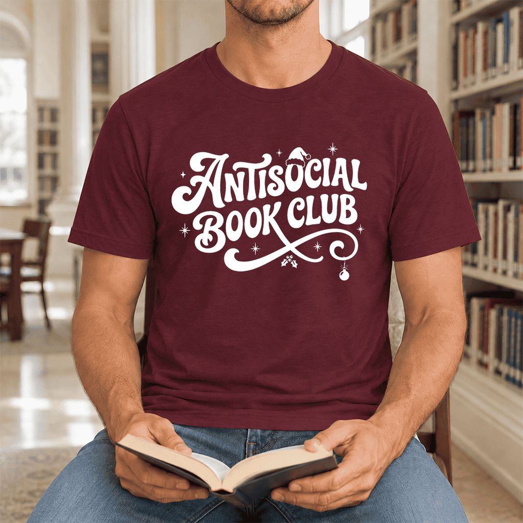 Antisocial Book Club Ultra-Soft Cotton T-Shirt | Christmas Book Lover Gift Maroon