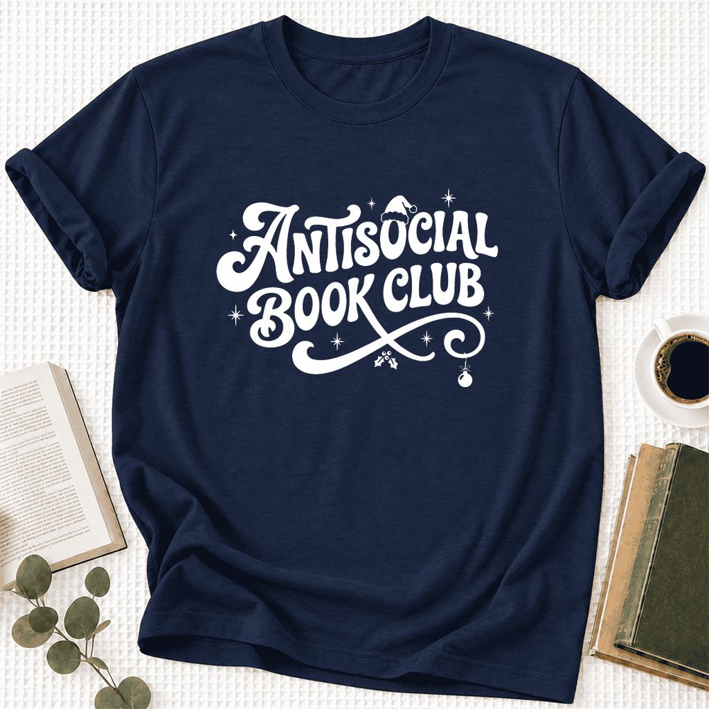 Antisocial Book Club Ultra-Soft Cotton T-Shirt | Christmas Book Lover Gift Navy