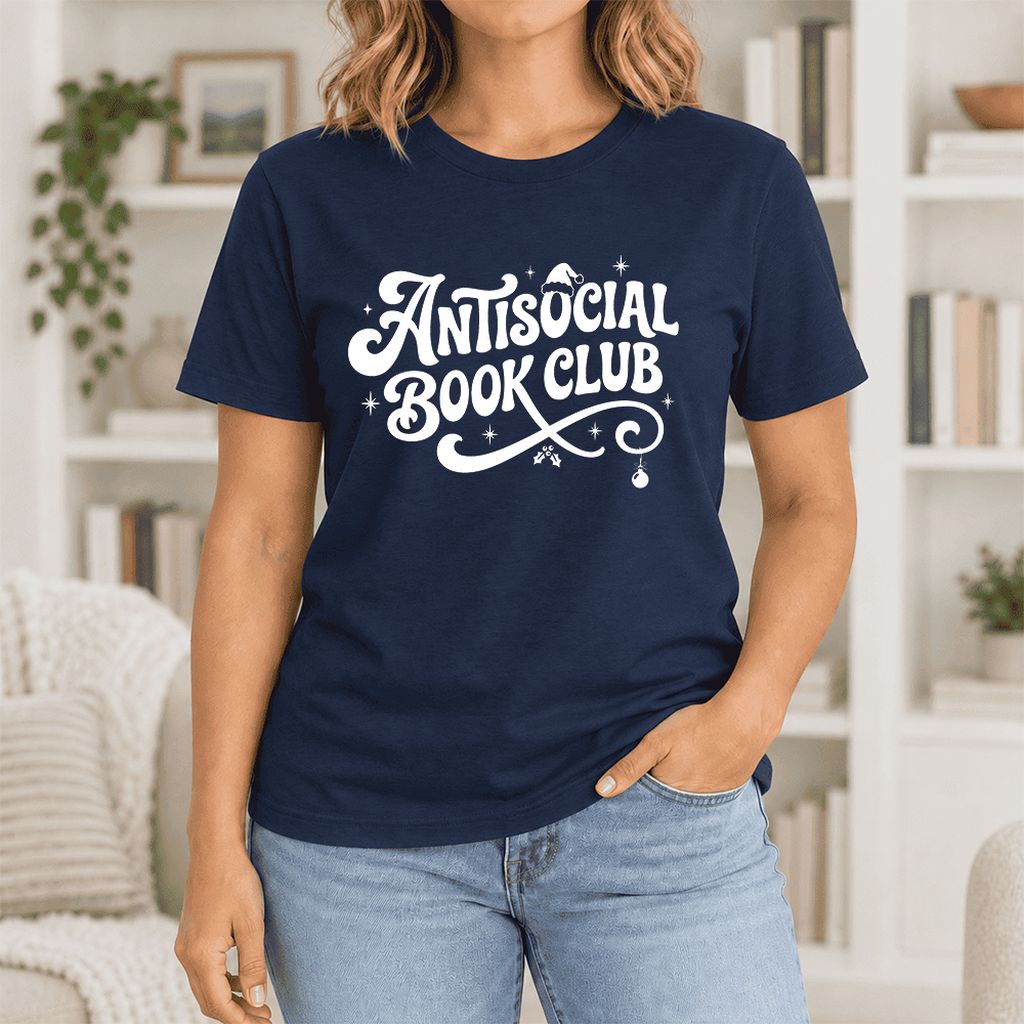 Antisocial Book Club Ultra-Soft Cotton T-Shirt | Christmas Book Lover Gift Navy