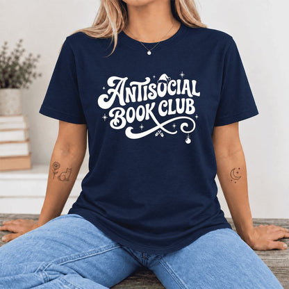 Antisocial Book Club Ultra-Soft Cotton T-Shirt | Christmas Book Lover Gift Navy