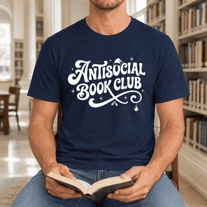 Antisocial Book Club Ultra-Soft Cotton T-Shirt | Christmas Book Lover Gift Navy