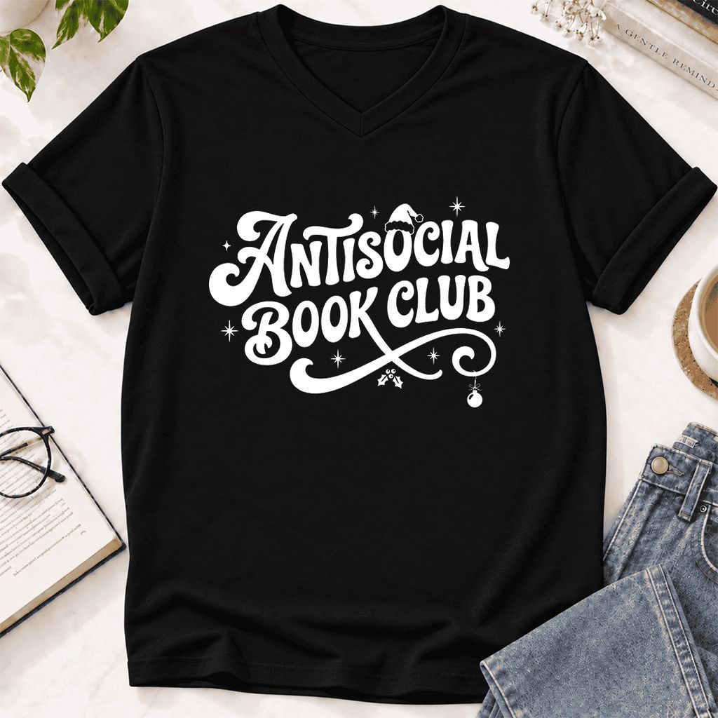 Antisocial Book Club Ultra-Soft V-Neck | Christmas Book Lover Gift Black