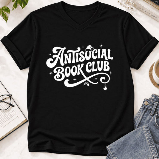 Antisocial Book Club Ultra-Soft V-Neck | Christmas Book Lover Gift Black