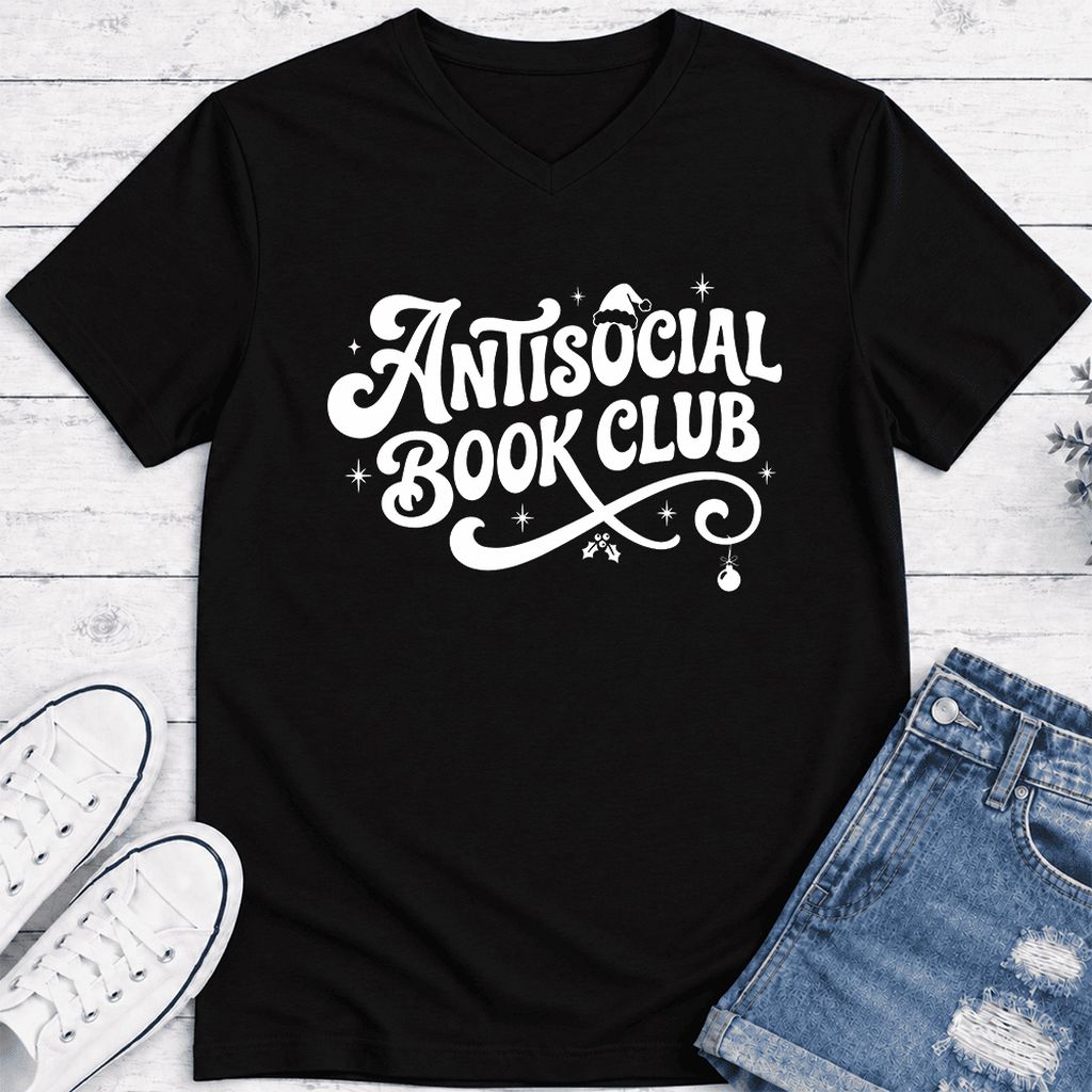 Antisocial Book Club Ultra-Soft V-Neck | Christmas Book Lover Gift Black