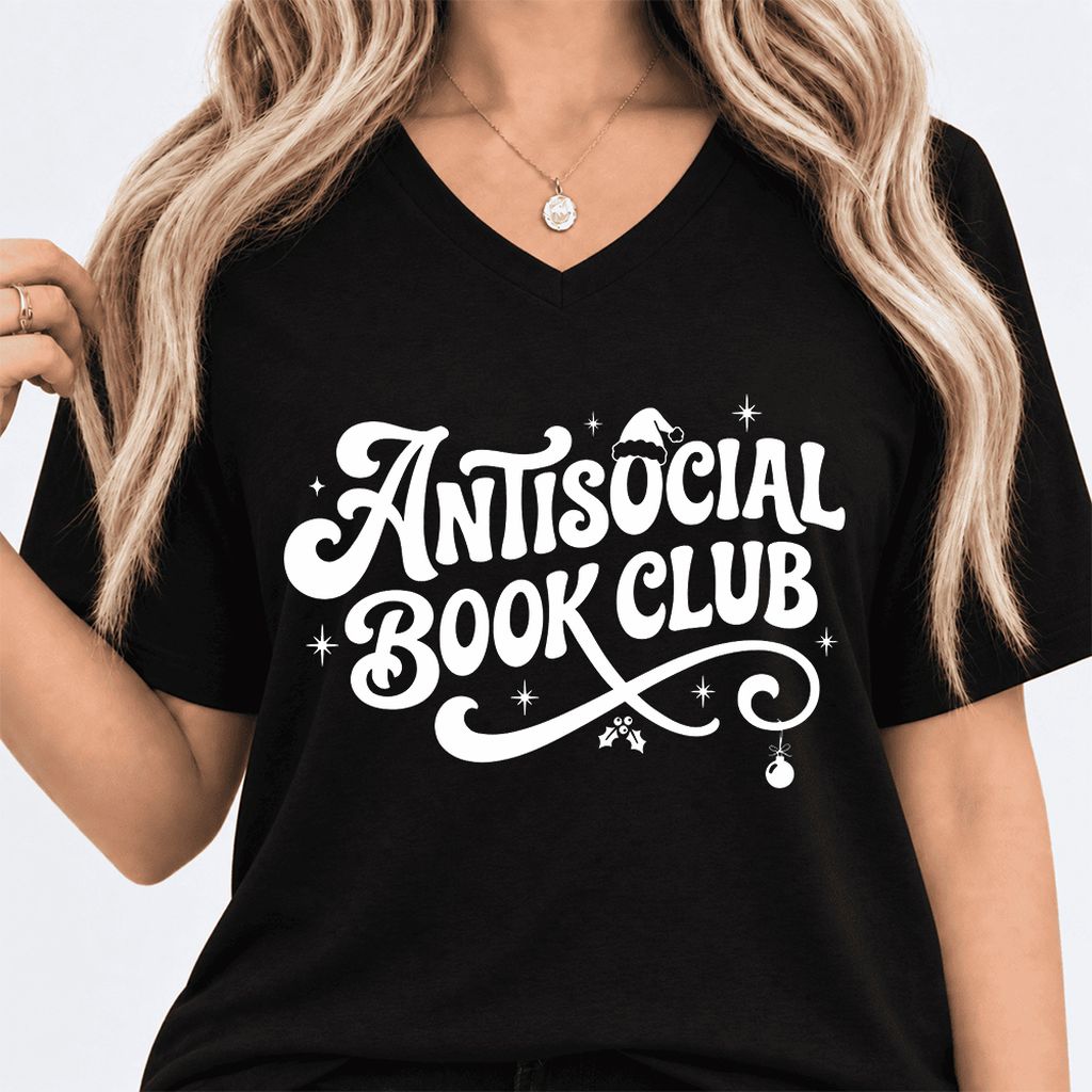 Antisocial Book Club Ultra-Soft V-Neck | Christmas Book Lover Gift Black