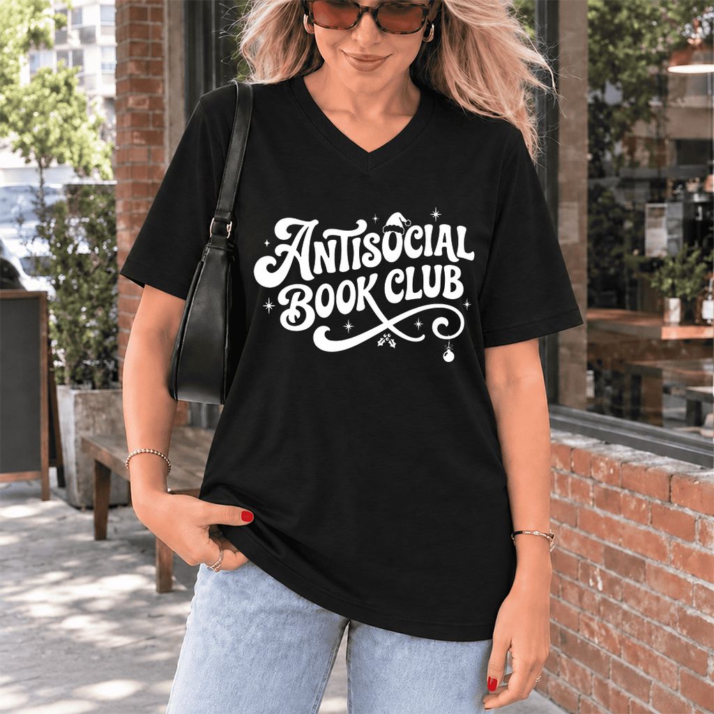Antisocial Book Club Ultra-Soft V-Neck | Christmas Book Lover Gift Black