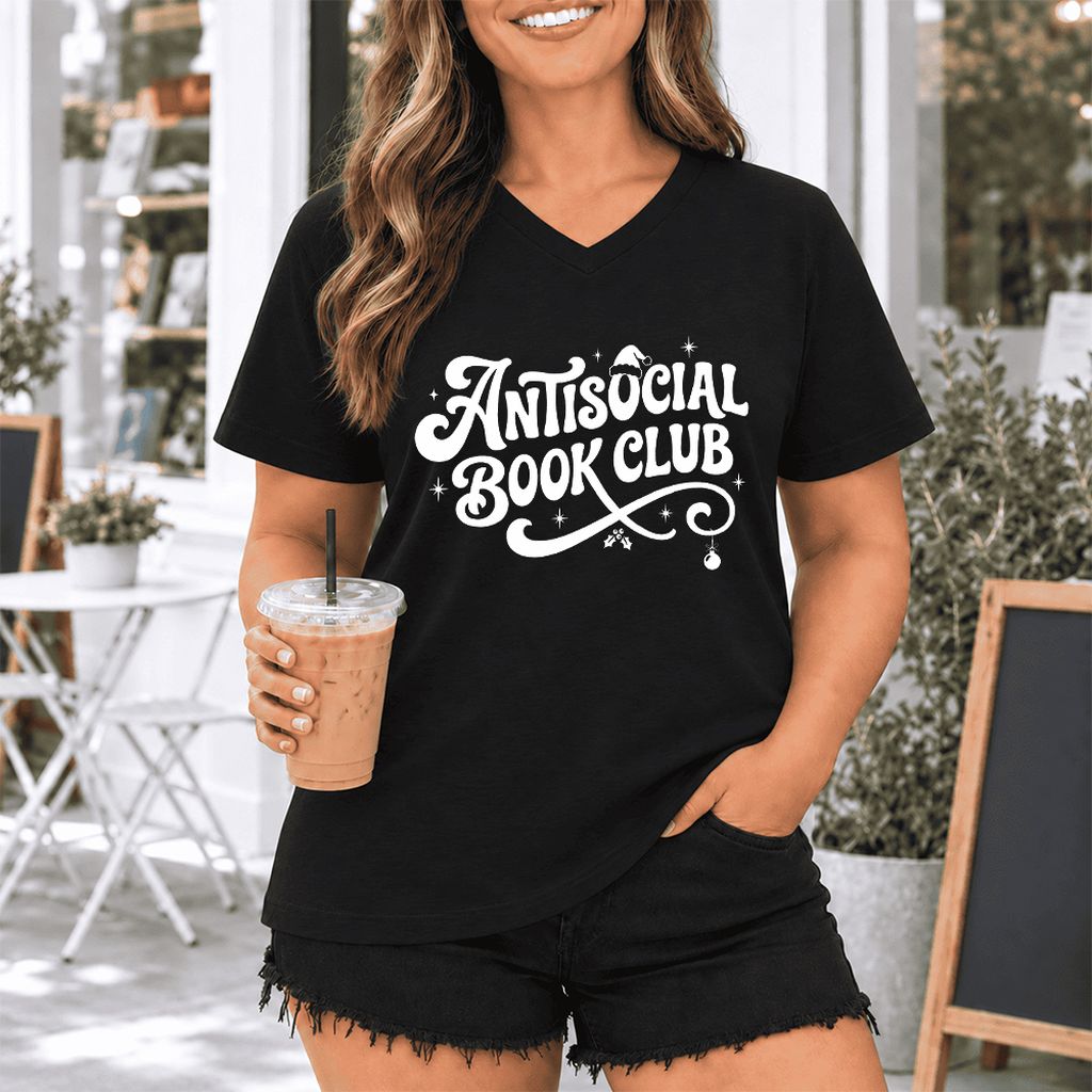 Antisocial Book Club Ultra-Soft V-Neck | Christmas Book Lover Gift Black