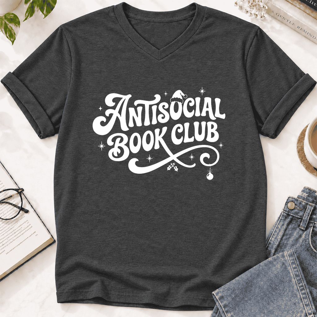 Antisocial Book Club Ultra-Soft V-Neck | Christmas Book Lover Gift Dark Grey Heather