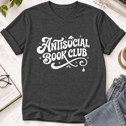 Antisocial Book Club Ultra-Soft V-Neck | Christmas Book Lover Gift Dark Grey Heather