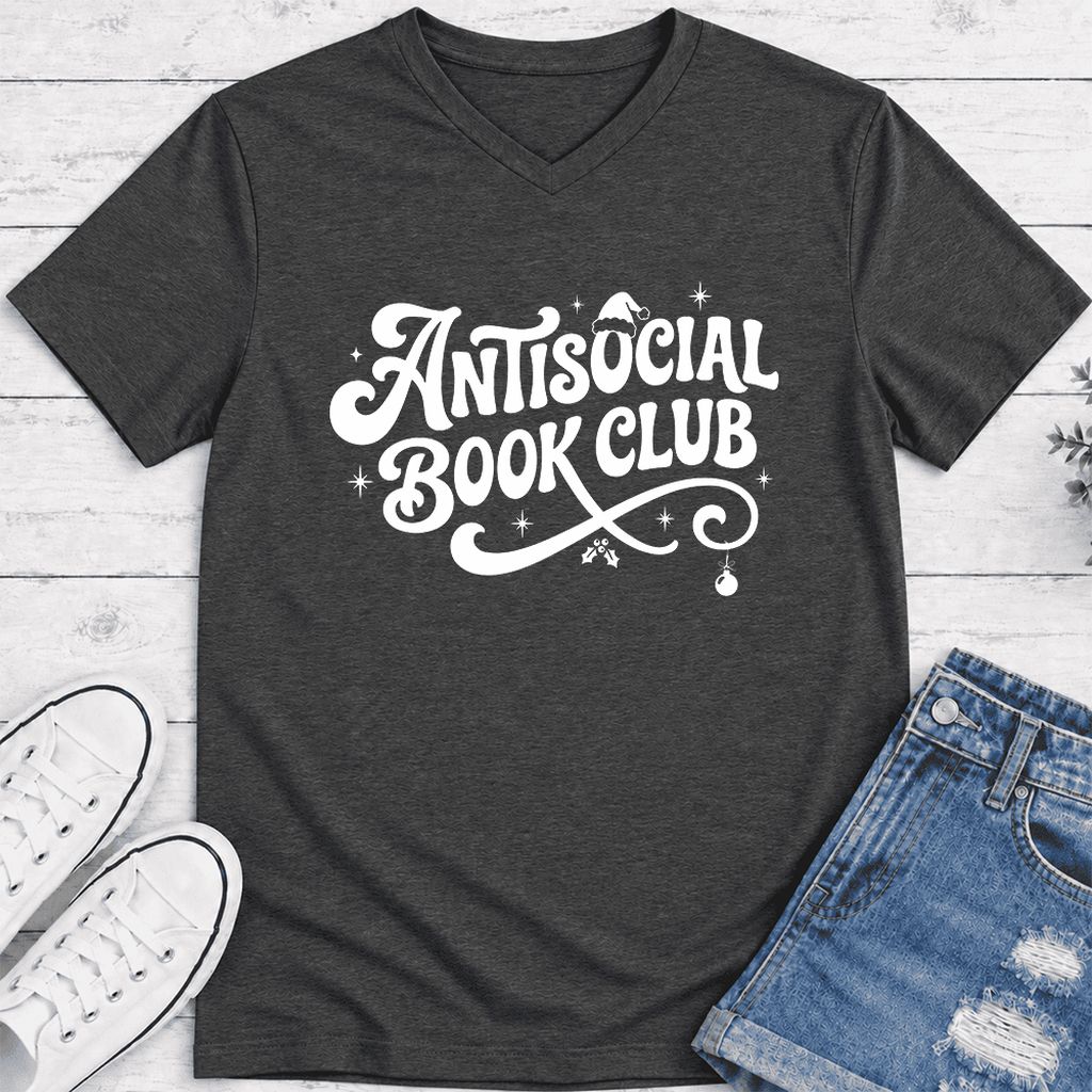 Antisocial Book Club Ultra-Soft V-Neck | Christmas Book Lover Gift Dark Grey Heather