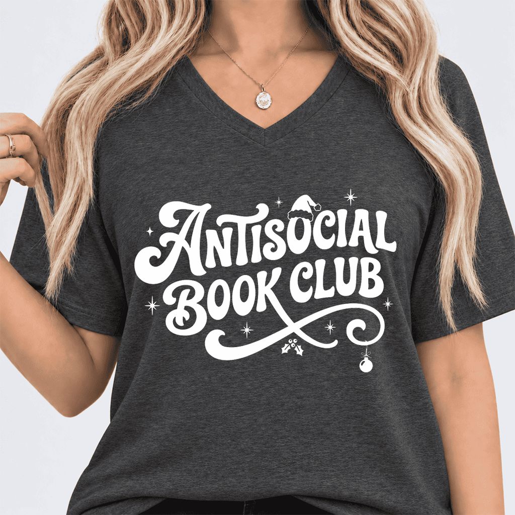 Antisocial Book Club Ultra-Soft V-Neck | Christmas Book Lover Gift Dark Grey Heather