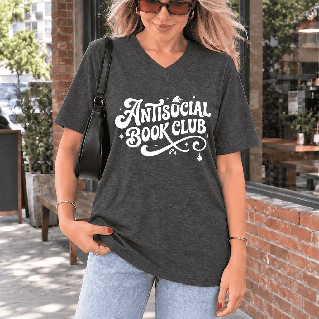 Antisocial Book Club Ultra-Soft V-Neck | Christmas Book Lover Gift Dark Grey Heather