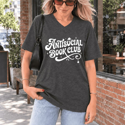 Antisocial Book Club Ultra-Soft V-Neck | Christmas Book Lover Gift Dark Grey Heather