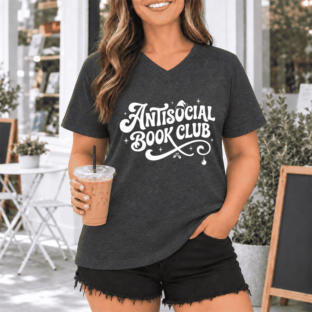 Antisocial Book Club Ultra-Soft V-Neck | Christmas Book Lover Gift Dark Grey Heather