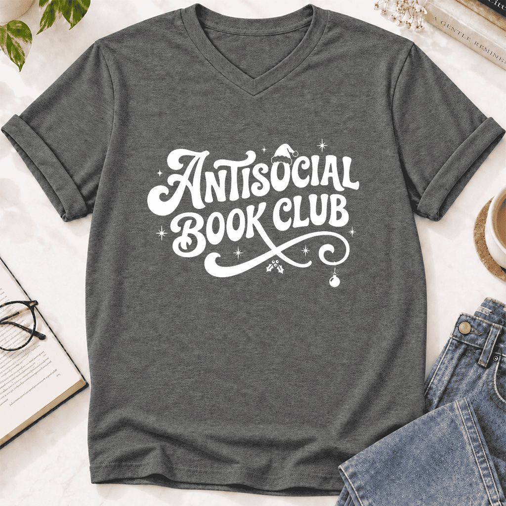 Antisocial Book Club Ultra-Soft V-Neck | Christmas Book Lover Gift Deep Heather