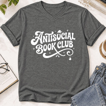 Antisocial Book Club Ultra-Soft V-Neck | Christmas Book Lover Gift Deep Heather