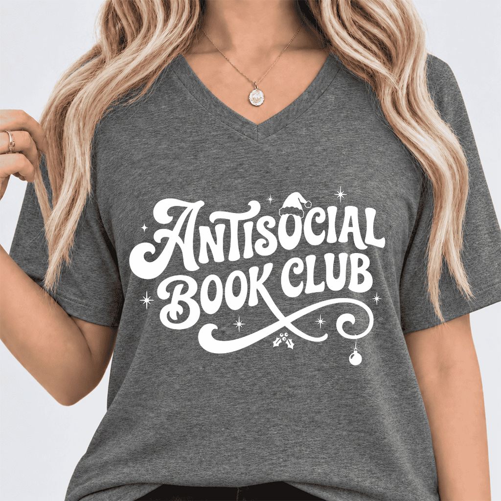 Antisocial Book Club Ultra-Soft V-Neck | Christmas Book Lover Gift Deep Heather