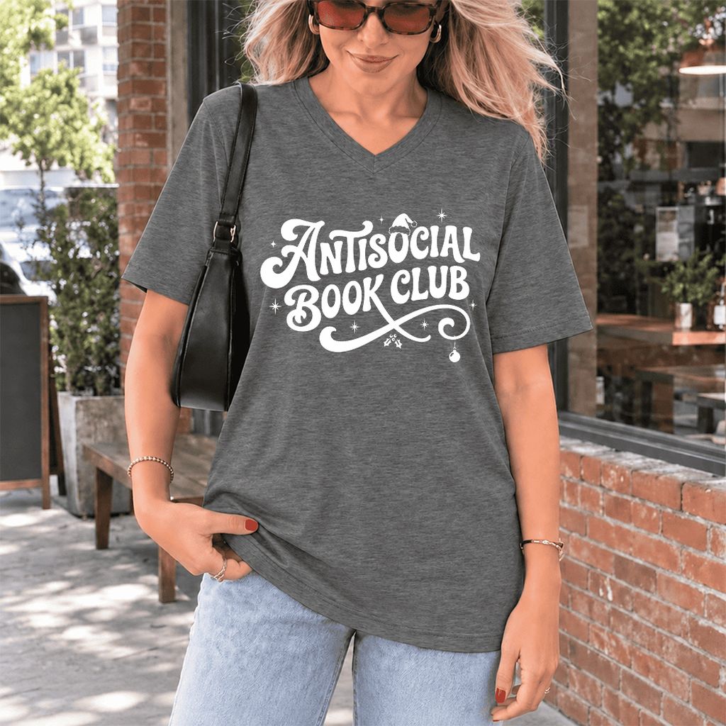 Antisocial Book Club Ultra-Soft V-Neck | Christmas Book Lover Gift Deep Heather