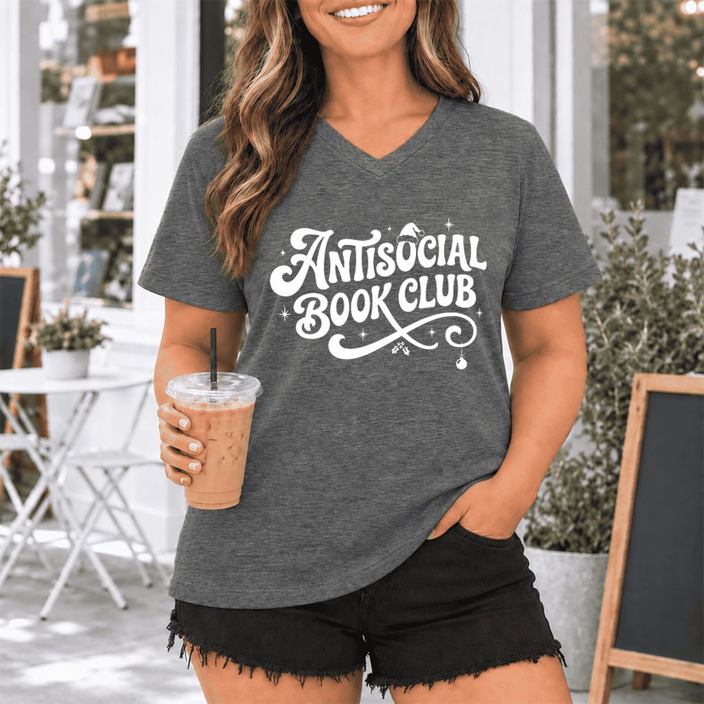 Antisocial Book Club Ultra-Soft V-Neck | Christmas Book Lover Gift Deep Heather