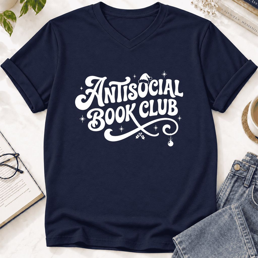 Antisocial Book Club Ultra-Soft V-Neck | Christmas Book Lover Gift Navy