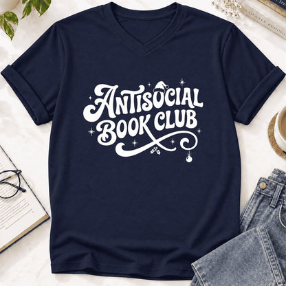 Antisocial Book Club Ultra-Soft V-Neck | Christmas Book Lover Gift Navy