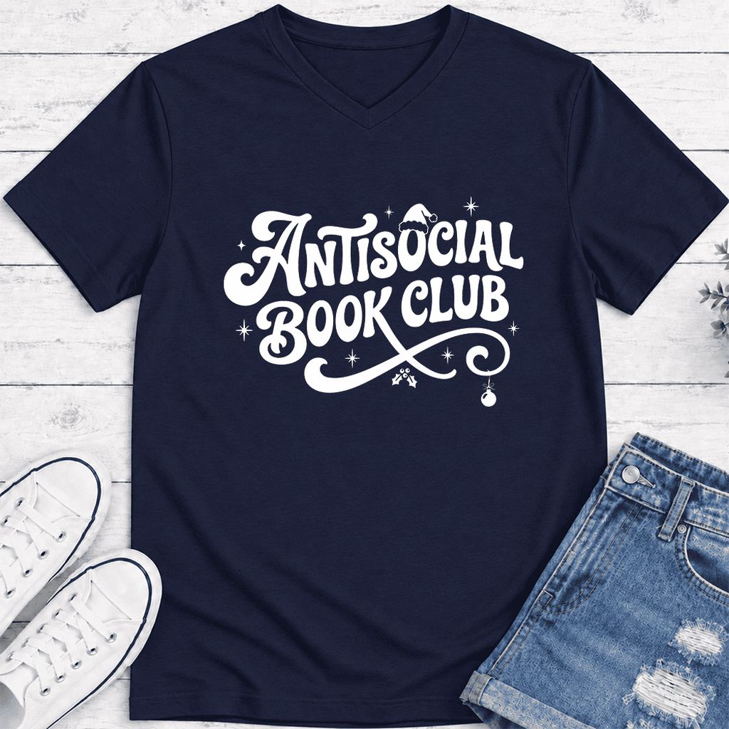 Antisocial Book Club Ultra-Soft V-Neck | Christmas Book Lover Gift Navy