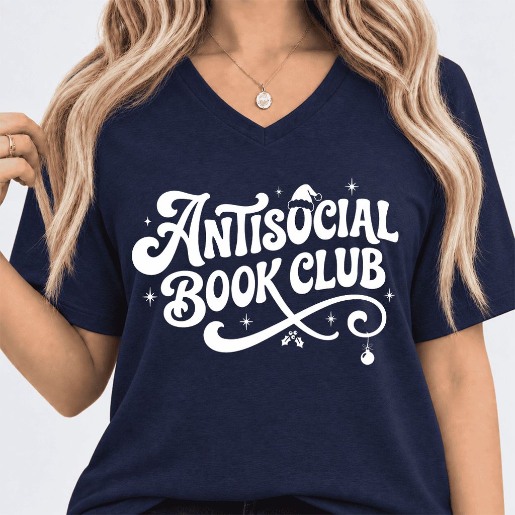 Antisocial Book Club Ultra-Soft V-Neck | Christmas Book Lover Gift Navy