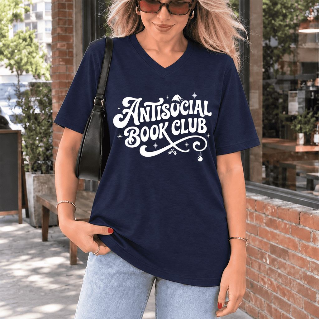 Antisocial Book Club Ultra-Soft V-Neck | Christmas Book Lover Gift Navy