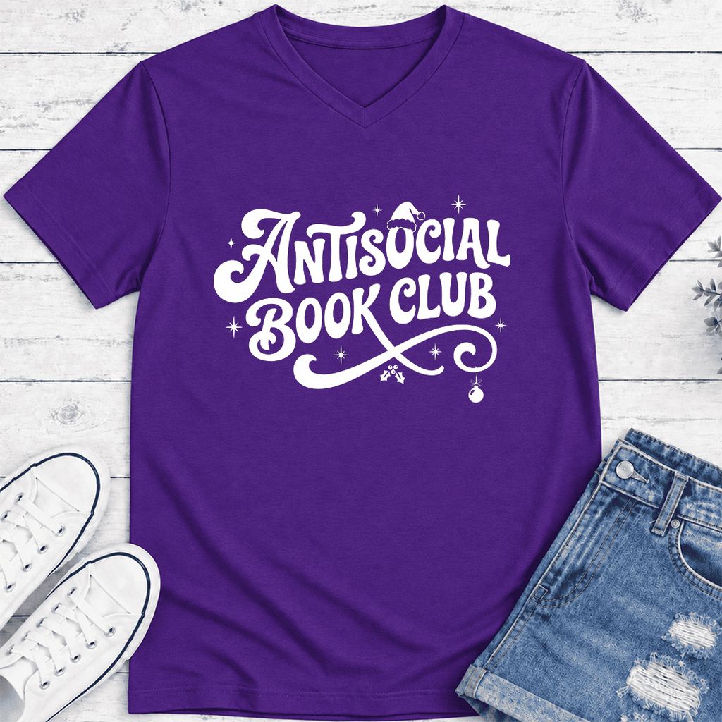 Antisocial Book Club Ultra-Soft V-Neck | Christmas Book Lover Gift Team Purple