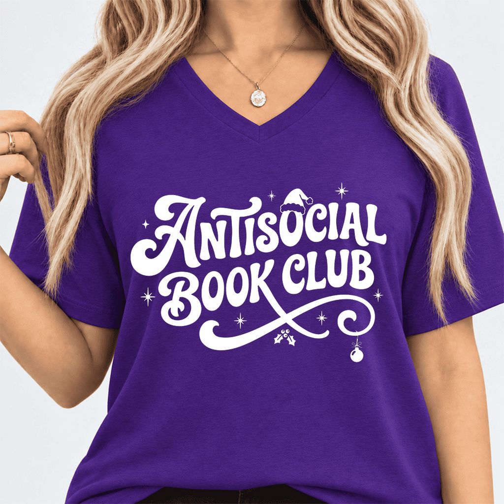 Antisocial Book Club Ultra-Soft V-Neck | Christmas Book Lover Gift Team Purple