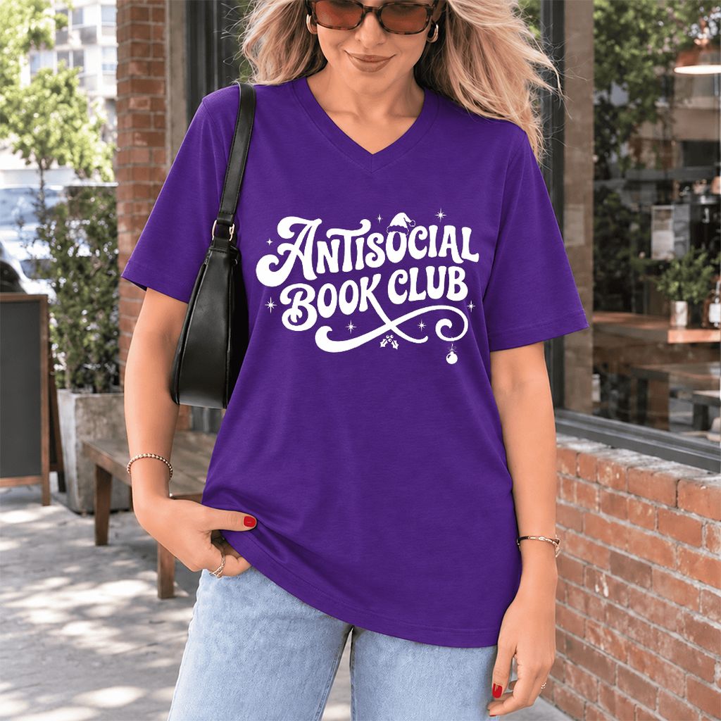 Antisocial Book Club Ultra-Soft V-Neck | Christmas Book Lover Gift Team Purple